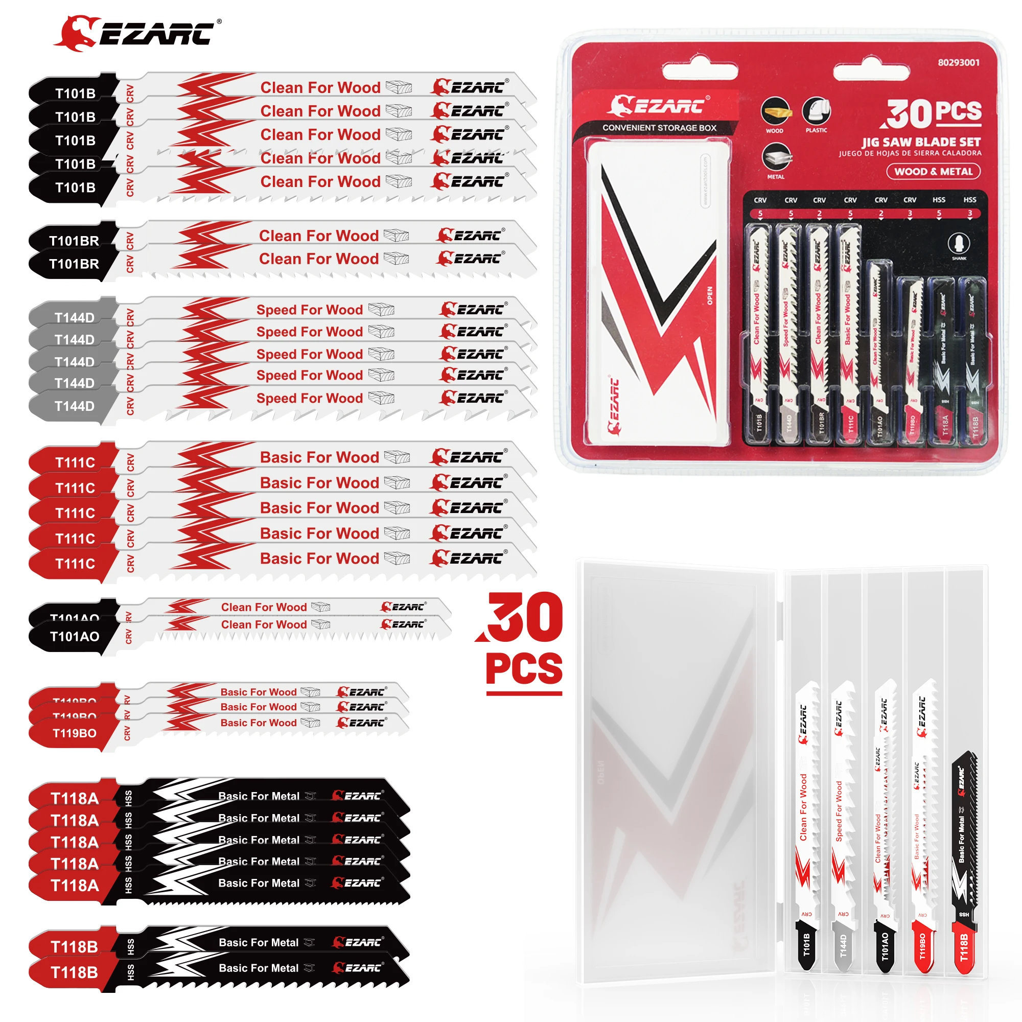 EZARC Jigsaw Blades Set 30pcs with Storage Case, Assorted T-Shank Replacement Jig Saw Blades for Cutting Wood, Plastic and Metal