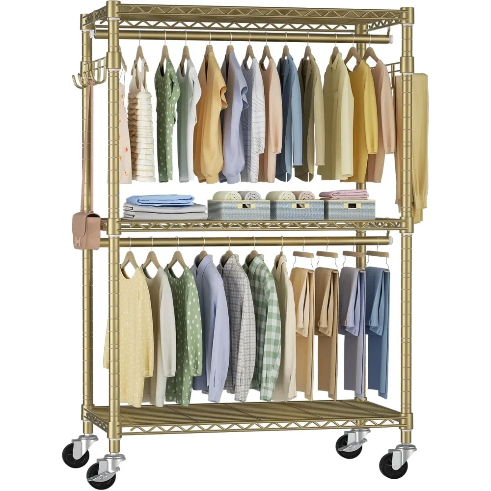 

P1 Rolling Clothes Rack, Movable Metal Garment Closet Organizer with Lockable Wheels, Clothing Wardrobe with Double Hanger Rods