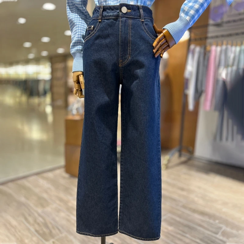 Deep Blue High Waist Straight Leg Retro Denim Jeans Commute Sle Wide Leg Pants Spring Summer Loose Fit Long Zipper Closure
