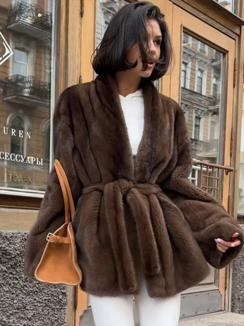 

Women Elegant Lace Up Faux Fur Jacket Fashion Plush V-neck Long Sleeve Loose Warm Jackets Lady 2025 Winter Commute Street Coats