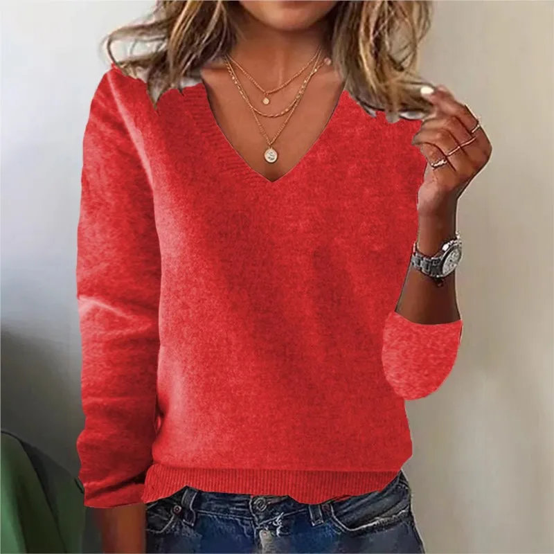 Women's V-neck Sweater Elegant Long Sleeve Ribbed Trim Pullover Solid Knit Wool Base Top for Wear