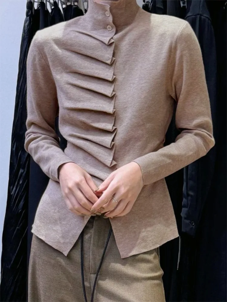 Yeezzi Damesmode Ruches Hoge Hals Gebreide Truien Lange Mouwen Slanke Onregelmatige Zoom Casual Herfst Winter Dieptepunt Trui