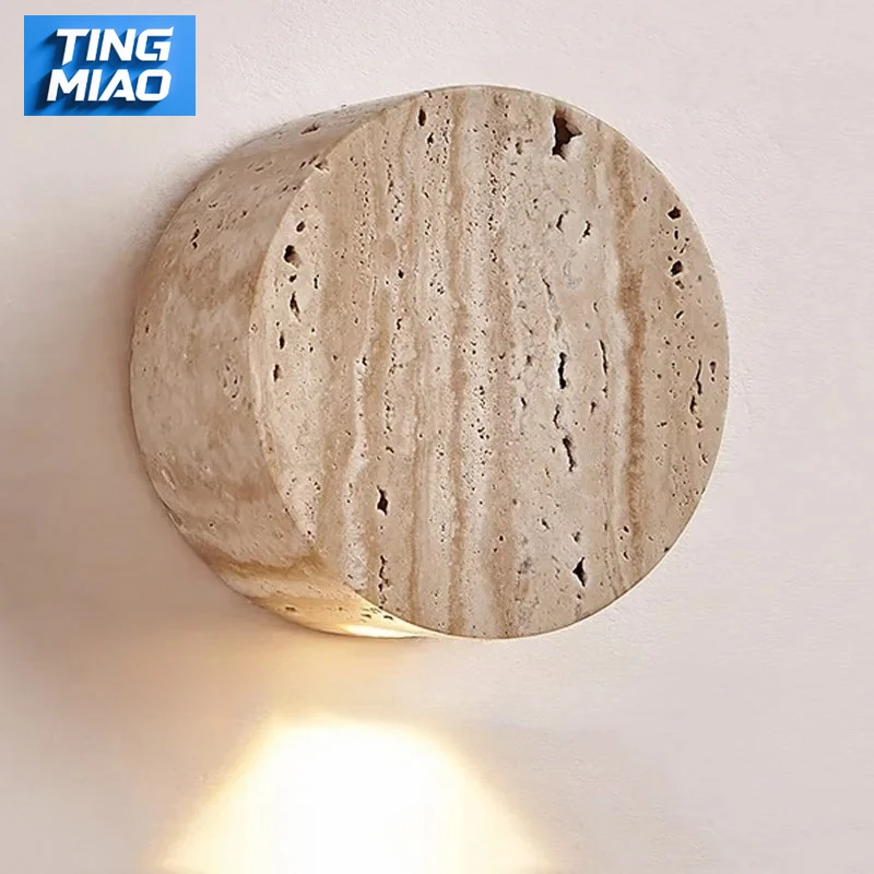 

Japanese Wabi‑Sabi Yellow Travertine LED Wall Sconce Rotatable Natural Stone Lamp for Bedroom Bedside Aisle Stair Restaurant