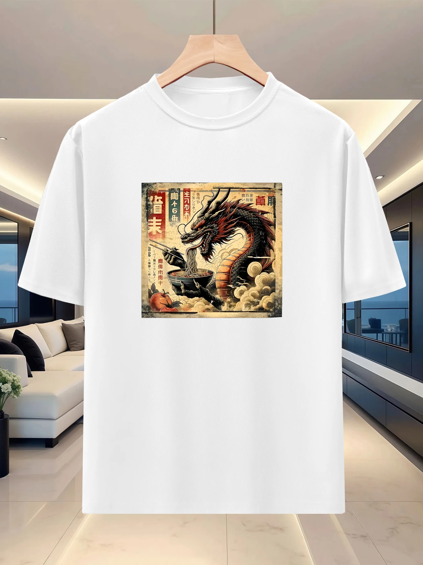 Elegant and lazy men's loose shoulder half sleeved spring and summer short distance travel trend creative graphic printed T-shir