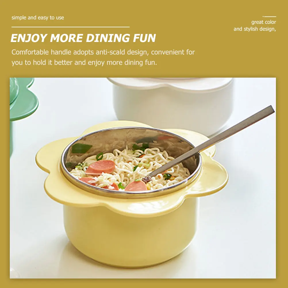 

Stainless Steel Insulated Noodle With Lid Anti Scald Ramen Soup Large Double Handles Breakfast Bowl Flower Design Reusable