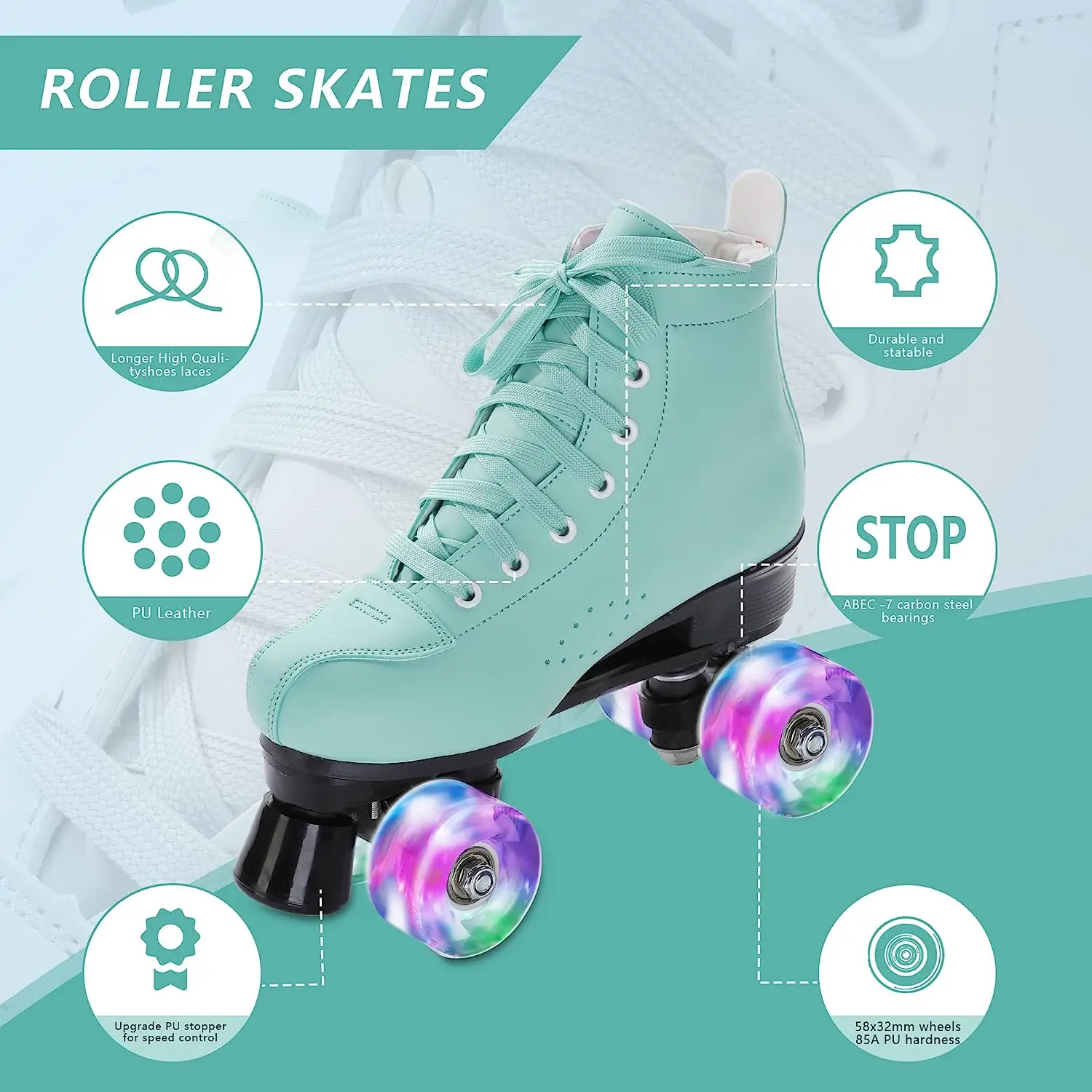 EACH 2024 Upgraded Artificial Leather Roller Skate Shoes Flashing Roller Skates 4 Wheels Quad Skate Adult Kids Two