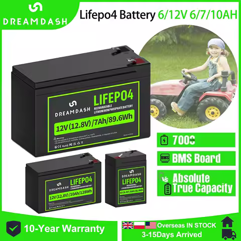 Dreamdash 12V 7Ah/10Ah LiFePO4 Battery With BMS Rechargeable Lithium Iron Phosphate Battery 6V 6Ah For Emergency Light/Kids Car