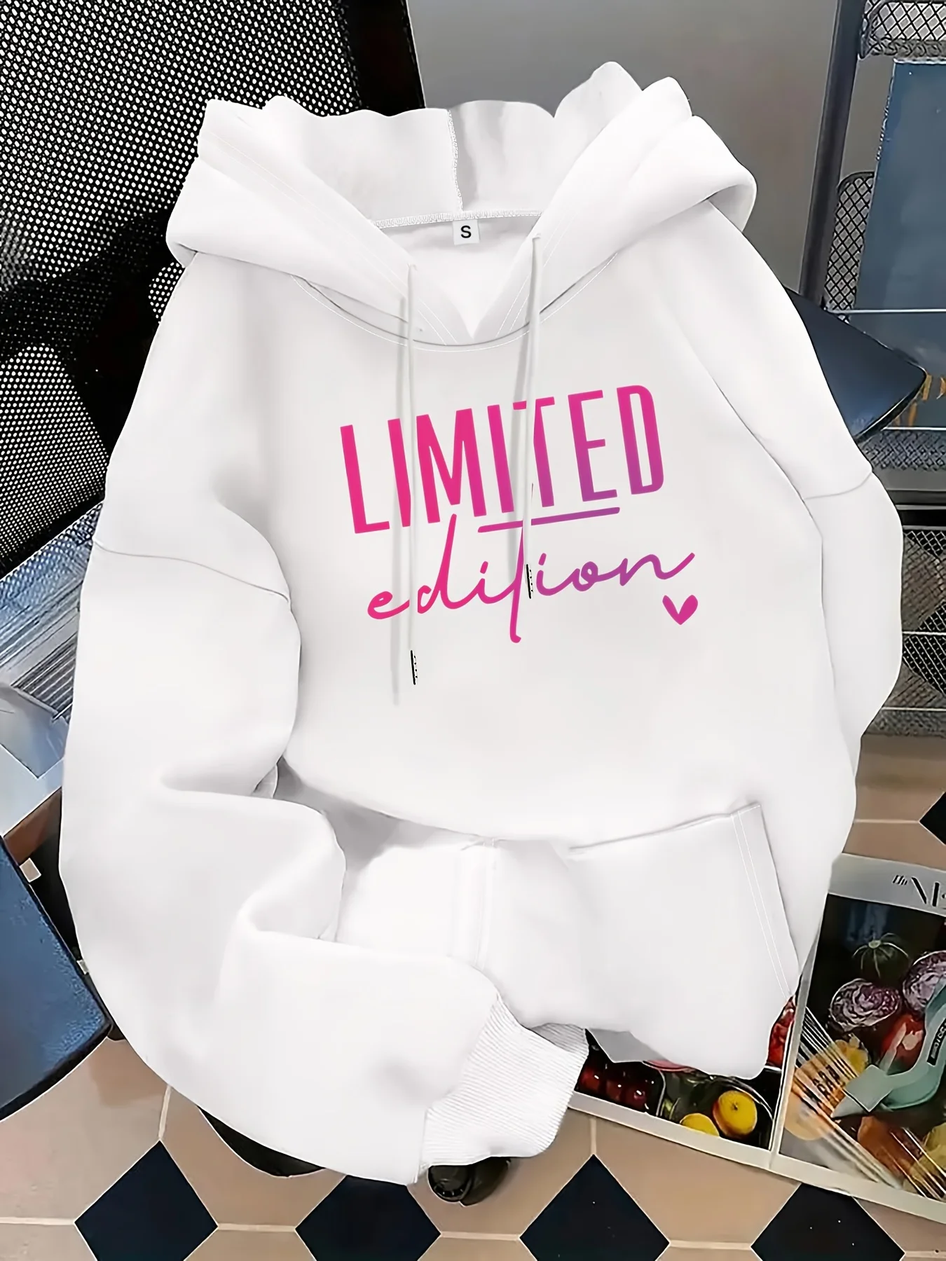 Plus-Size White Hooded Sweatshirt, Women Solely - Limited Edition with Pink And Black Letter Print. Thickened Warm Pullover, Suitable for Winter And Autumn, with Drawstring Hood And Washable Fabric. Part of Limited Edition Series