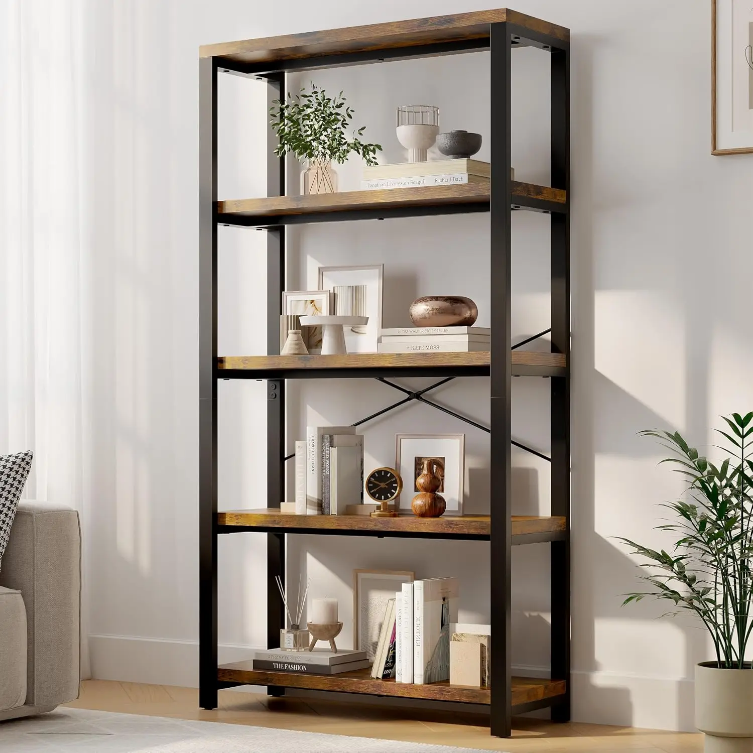 5-Tier Adjustable Heavy Duty Bookshelf | Industrial Wooden Open Storage Rack With Black Metal Frame, Vintage, Customized