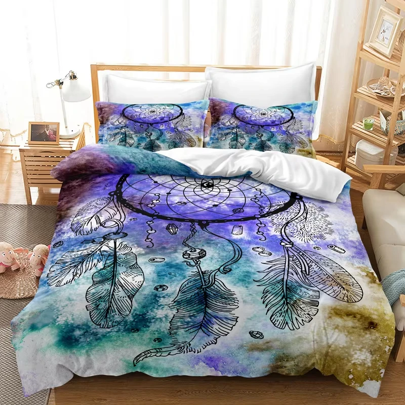 Dream Catcher Duvet Cover, Boho Feather Comforter Cover Set, Watercolor Style Quilt Cover Botanical Floral Butterfly Bedding Set