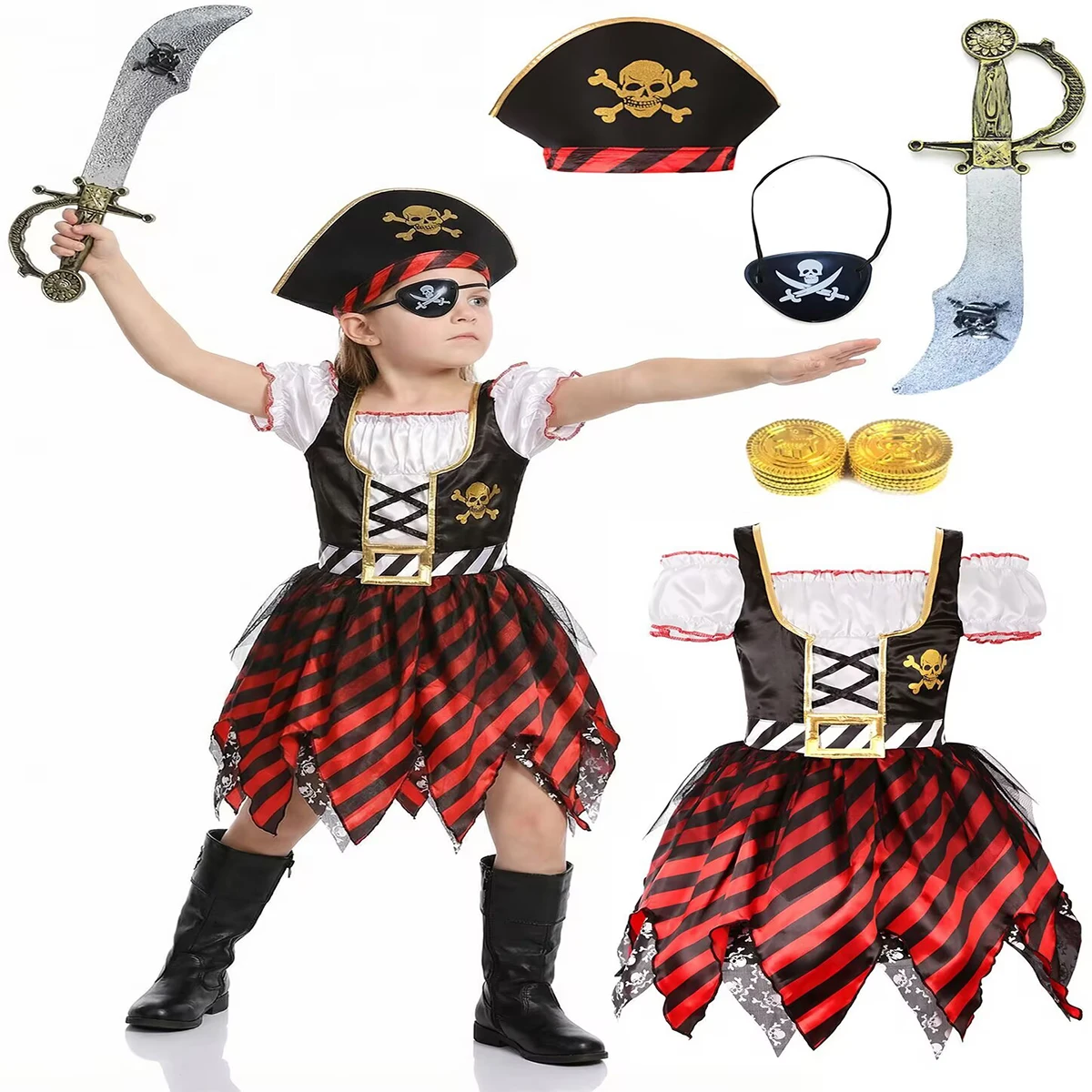 Girls Pirate Costume Dress Set with Hat Eye Patch Gold Coins Sword, Kids Halloween Carnival Party Fancy Outfit view 2