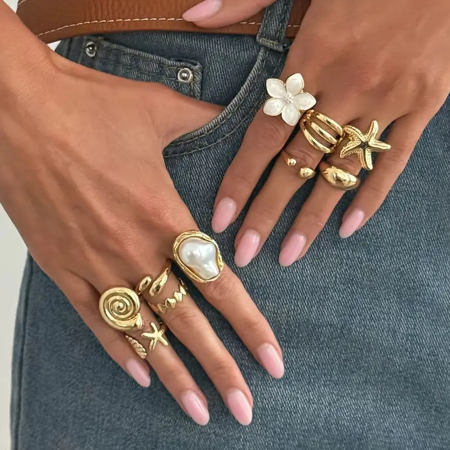 KunJoe 2027 New 10 Pcs/Set Irregular Metal Flower Open Rings for Women Elegant Baroque Imitation Pearl Ring Jewelry Accessories