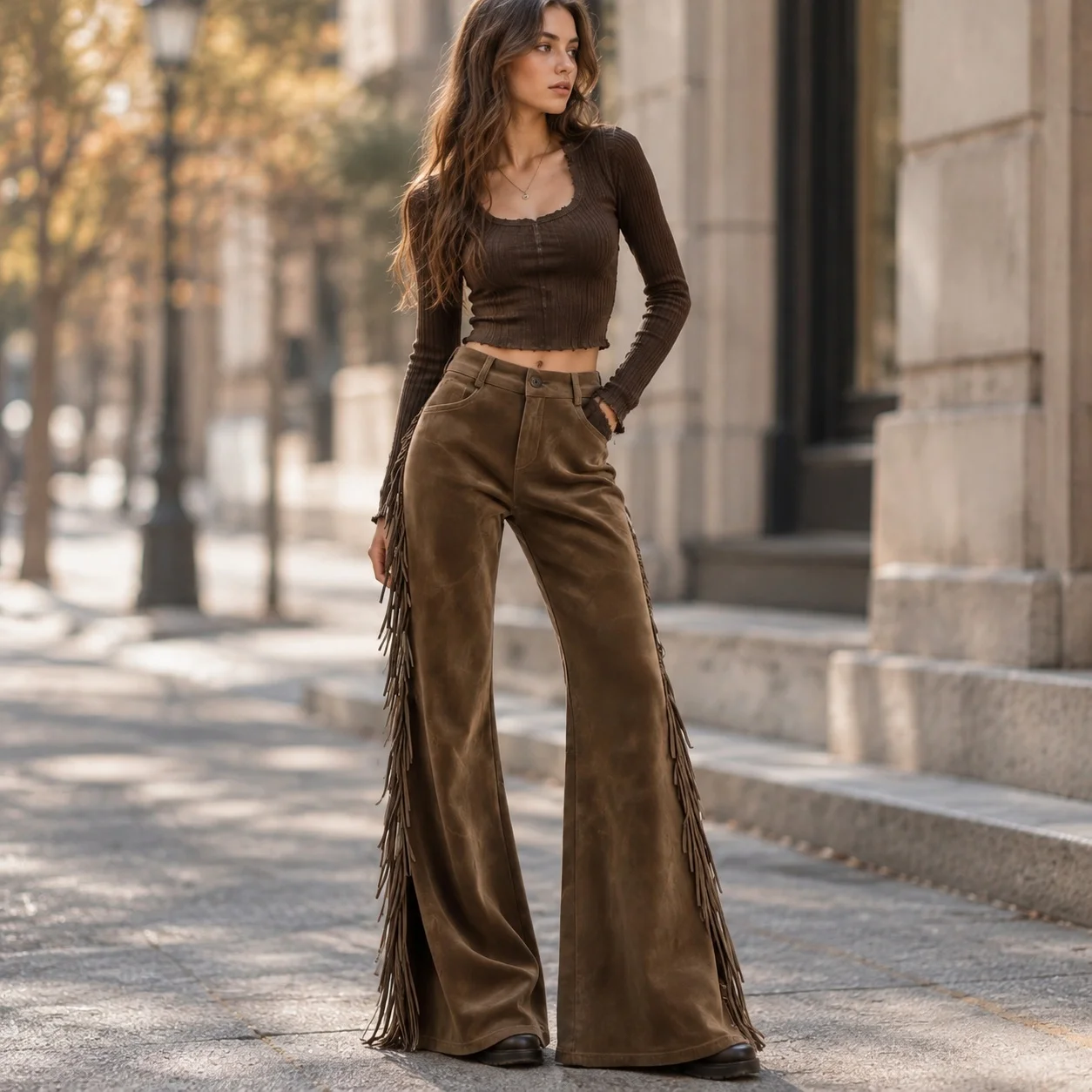 Flared Fringe Pants Full Length Streetwear with Medium Stretch Mid Rise Edgy Street Autumn Regular Thickness Women Pants