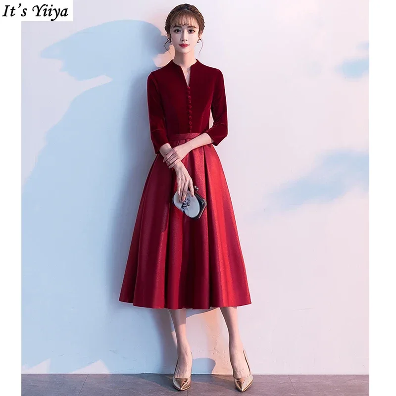 

It's Yiiya Prom Dress Burgundy Velvet Satin V-Neck Bottons A-Line Tea-length Plus Size Women Party Formal Gowns Vestidos De Gala