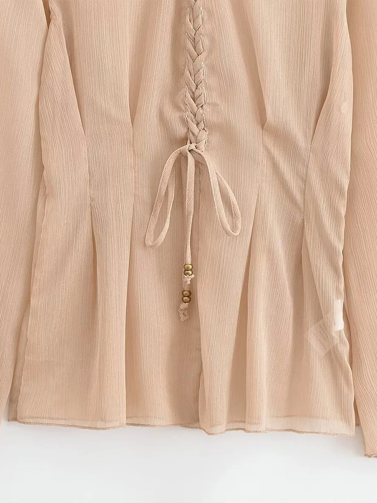 European style new women's fashion all-match temperament semi-transparent waist placket tie design trumpet sleeve top