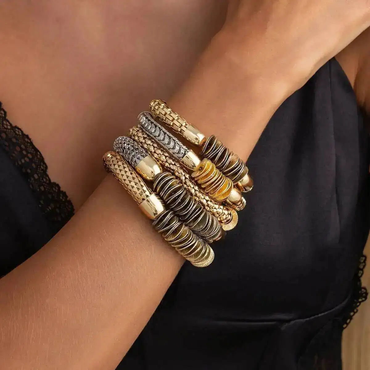 SHIXIN 5Pcs/Set Vintage Punk Metal Copper Piece Spliced Bracelet Women Geometric MultiLayer Elasticelet Stackable Bangle Jewelry