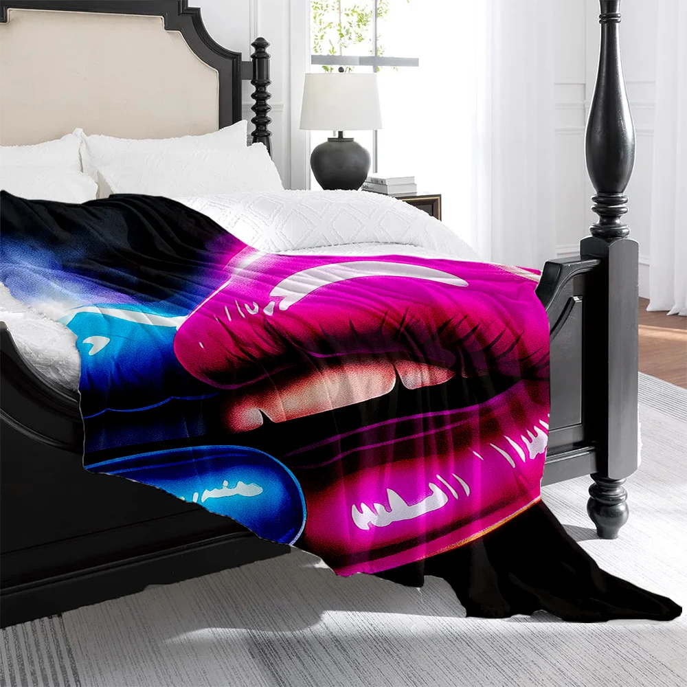 1pc Romantic Lips Print Flannel Blanket - High-Thermal Insulation, Soft & Smooth, All-Season Luxury Bedspread for Women, Men