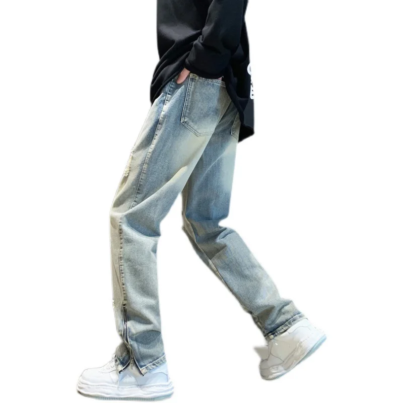 ซิปด้านล่างกางเกงยีนส์ผู้ชายอเมริกันHigh Street Ripped Denim Baggyกางเกงยีนส์ 2025 Man Design Senseสบายๆกางเกงยาวตรง