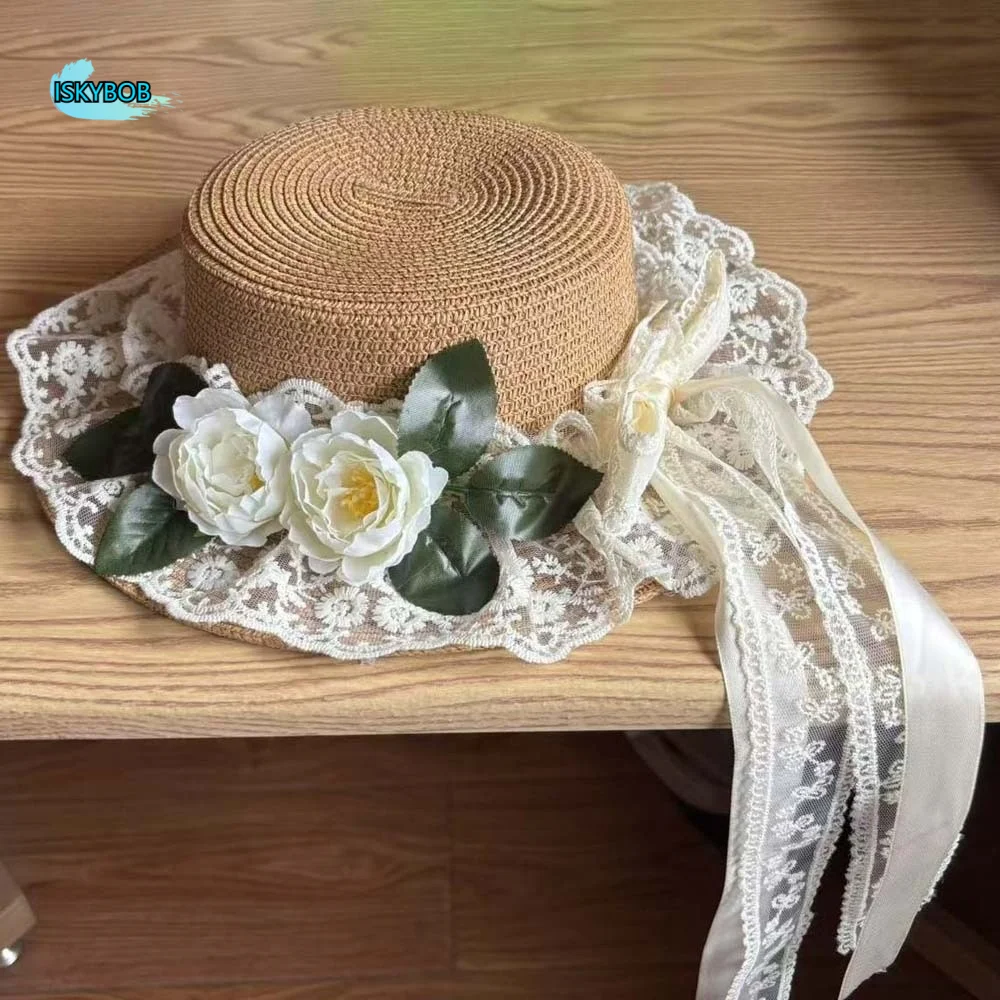 

Breathable Vacation Beach Cap Lightweight Big Brimmed Fisherman Straw Hat with Garland with Lace Bow Ribbon Woven Sun Cap Women