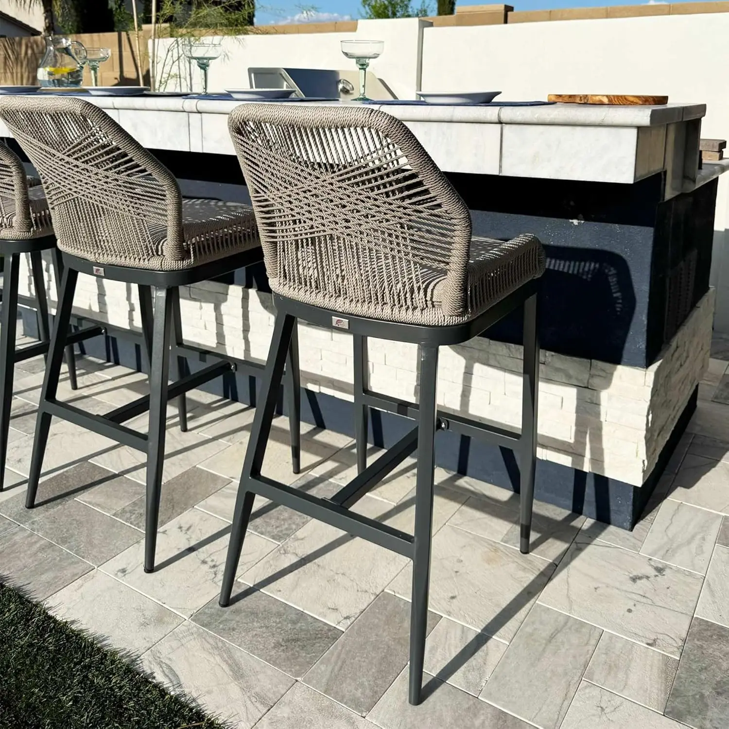 

Outdoor Bar Height Metal Wicker Rattan Bar Stools with Back Aluminum Garden Patio Chairs 29in Set of 2, Customized