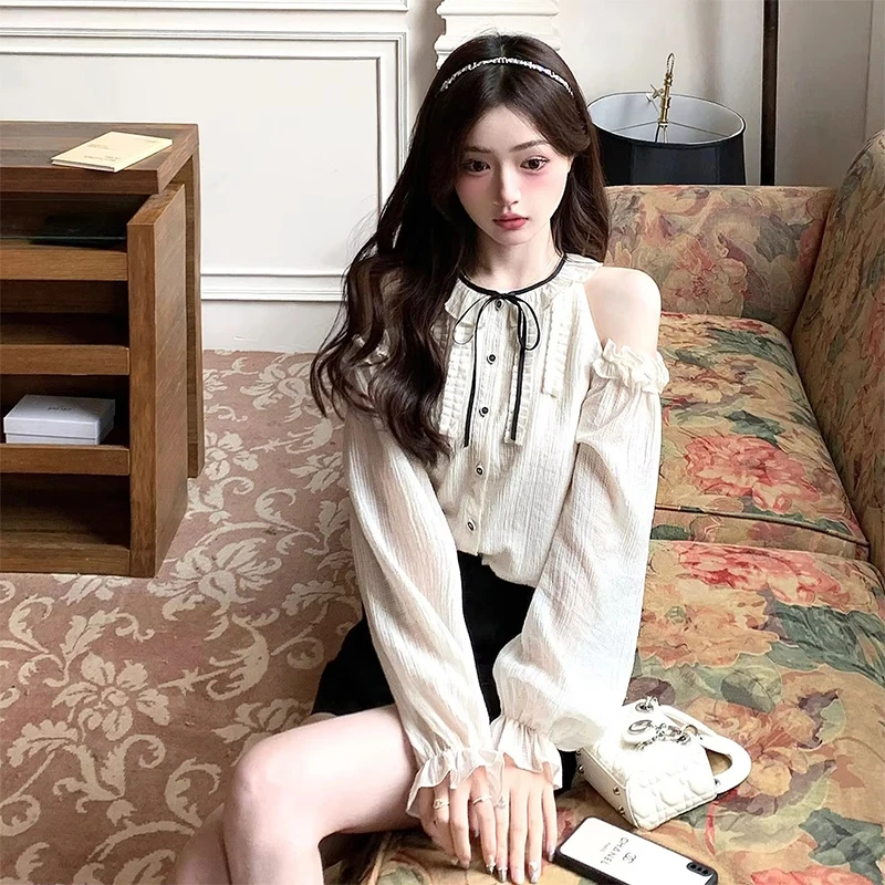 

Vintage Sweet Shirts Women Elegant Off Shoulder Flare Long Sleeve Blouses Summer Ladies Fairy Korean Ruffles Lace Up Design Tops