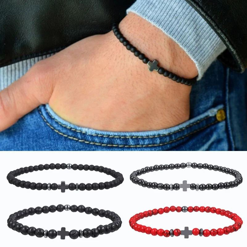 Natural Stone Cross Bracelet Faith Black Red Hematite Lucky Beads Bracelets Men Women Prayer Fitness Couple Charm Jewelry Gifts