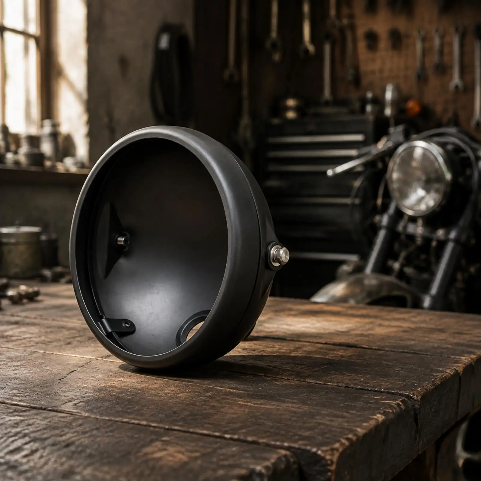Motorcycle Headlight Housing 7 Inch Deep Shell with Side Mounts for Custom Bobber Cafe Racer Cruiser Matte Black Metal