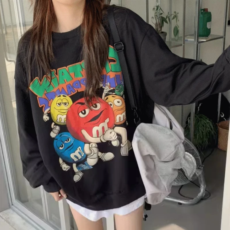 American Funny Beans Cartoon Graphic Hoodies Women Hip Hop Oversized Sweatshirt Autumn Winter All-match Couples Kawaii Clothes