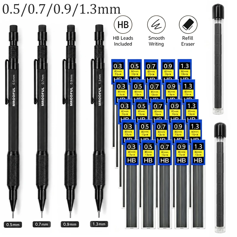 0.5/0.7/0.9/1.3mm Mechanical Pencil Set with HB 6 Box Leads and 2Box Erasers,for School Writing Art Drawing Supplies Stationery