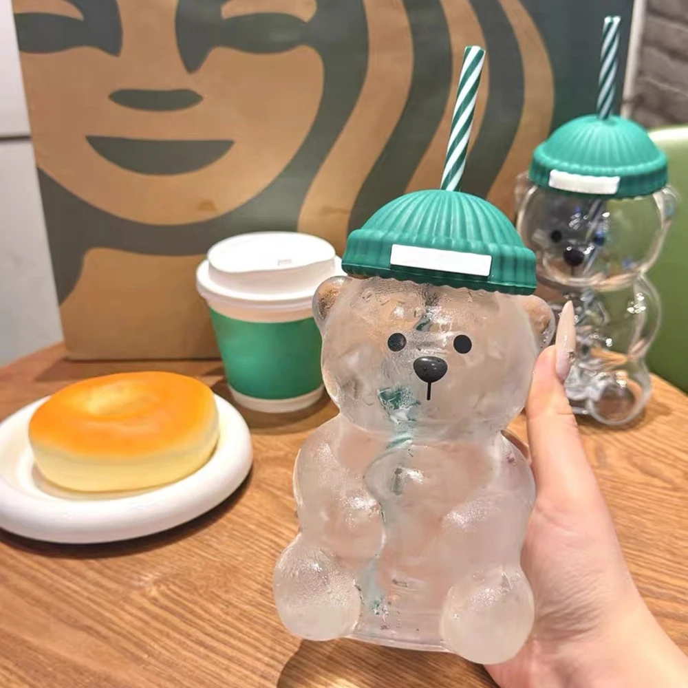 

2025 New 500ML Cartoon Bear Shaped Coffee Mug Cute Bear Mug Glass Cup With Straw Transparent Creative Milk Coffee Water Cups