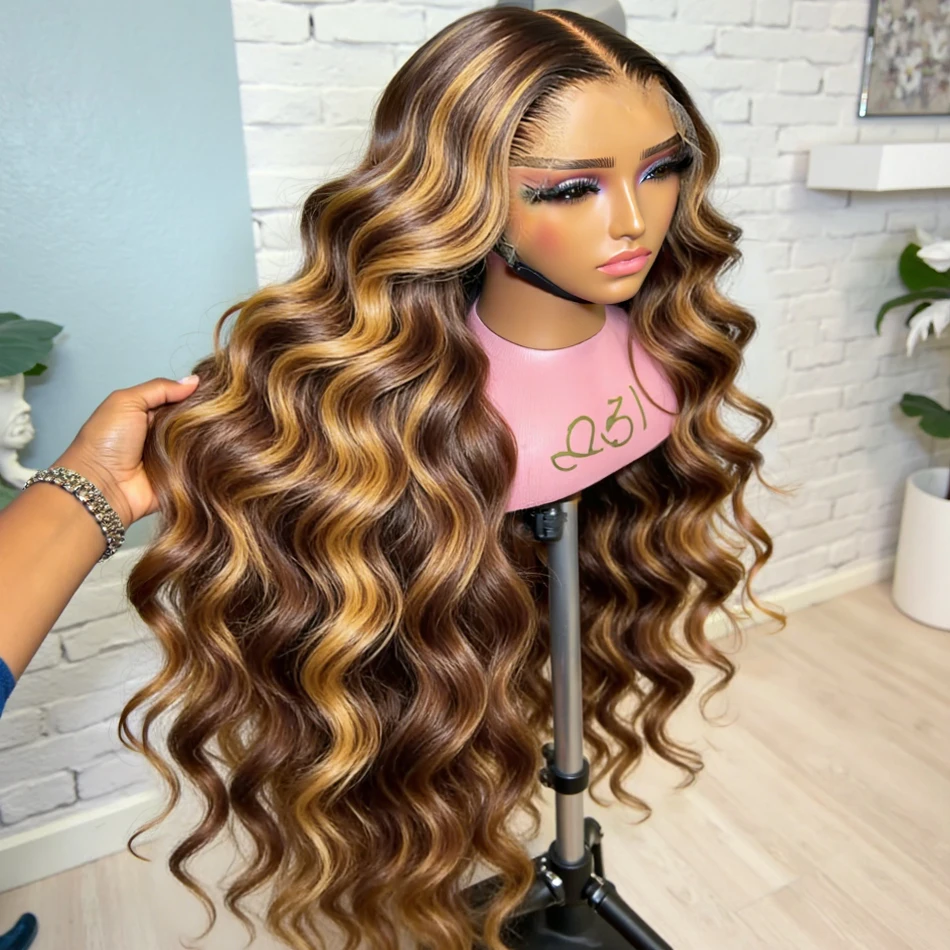 Parrucca frontale in pizzo HD 13x6 da 34-36 pollici, biondo miele, con onde naturali, in capelli umani brasiliani, per donna