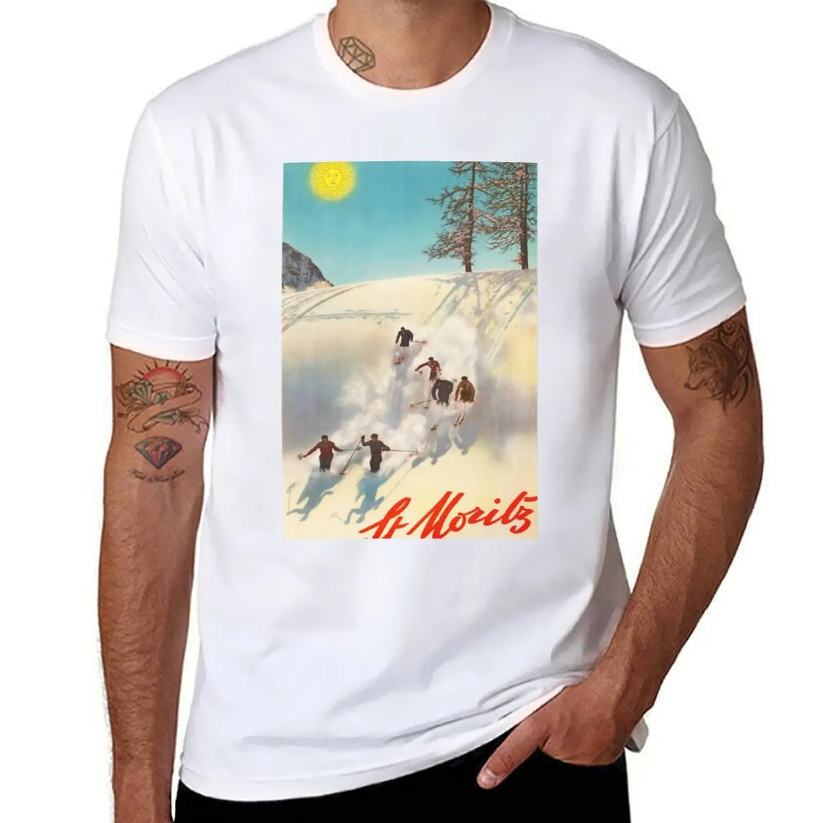 ST MORITZ Suiza Engadin Valley esquí 1950 Walter Herdeg cartel de viaje Vintage camiseta con estampado personalizado