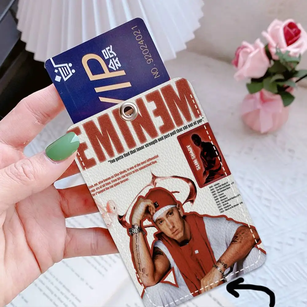 Popular singer music E-Eminem cool 1Pc PU Leather Card Holder Keychain Key Ring Door Lock Access Tags ID Card Case Keychain Card