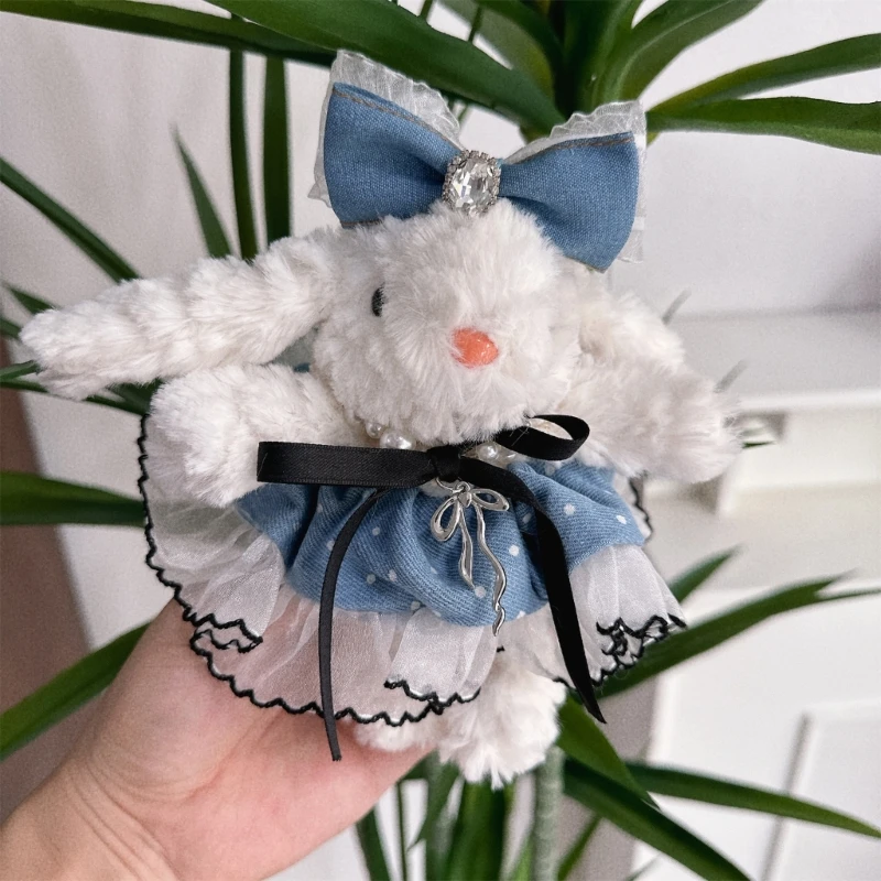 Adorable Rabbit Key Chain with Dress Soft Plush Bunnys Keychain Bag Pendant Ornament Fashion Phone Charm Accessory