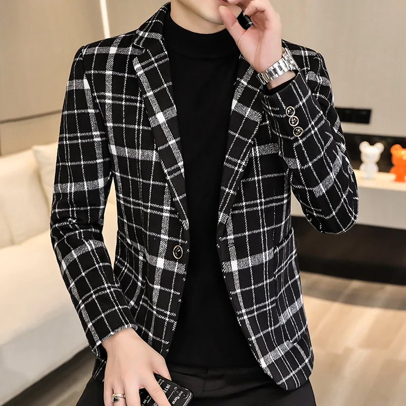 Main Push Explosive New Small Suit Long Sleeve Lattice Texture Korean Version of Handsome Casual Fashion Coat Men's Clothing