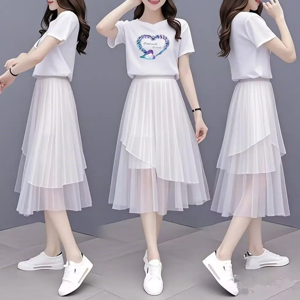 2025 New Women's High Waist Midi Skirt Set - Iridescent Flowy Chiffon Layered Skirt with Slimming Effect