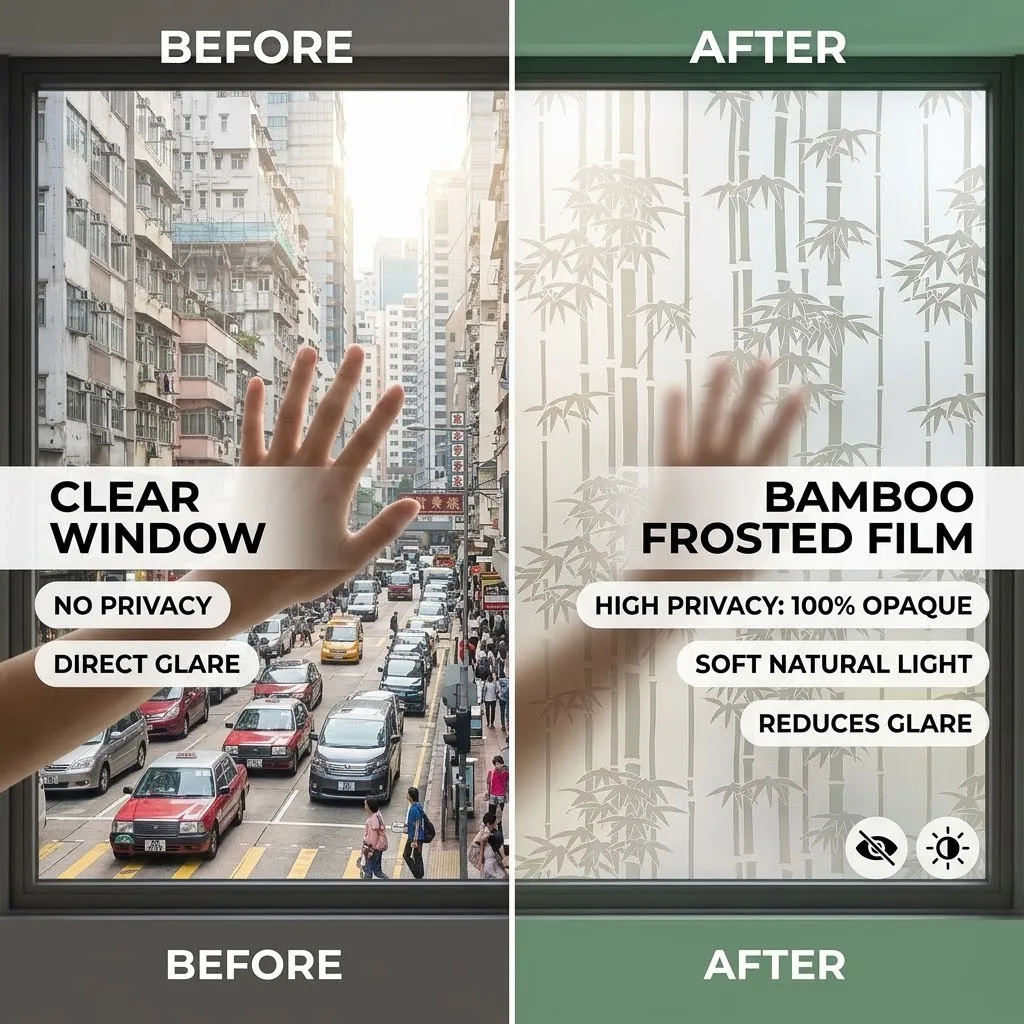 Self‑Adhesive Frosted Glass Window Film Elegant Bamboo Design Privacy Window Cover Anti‑UV Soft Light Filter for Home Balcony In