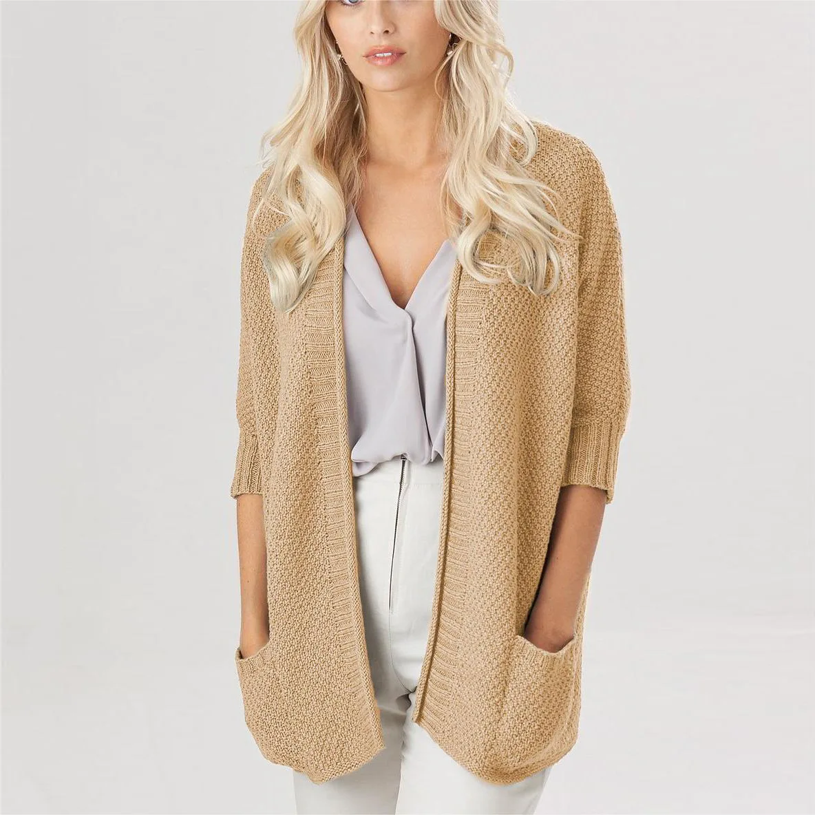 Women Knitted Cardigan Coat Solid Color Sweater With Pockets Mid Length Warm Outwear Jackets Casual Female Clothing