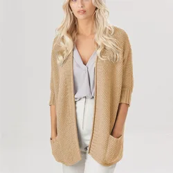 Women Knitted Cardigan Coat Solid Color Sweater With Pockets Mid Length Warm Outwear Jackets Casual Female Clothing