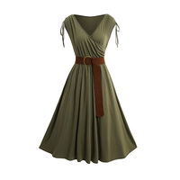 Dressfo Summer Dresses for Womens 2024 Cinched Shoulder Surplice Plunge Belted Midi Dress Solid Color Sleeveless Dress
