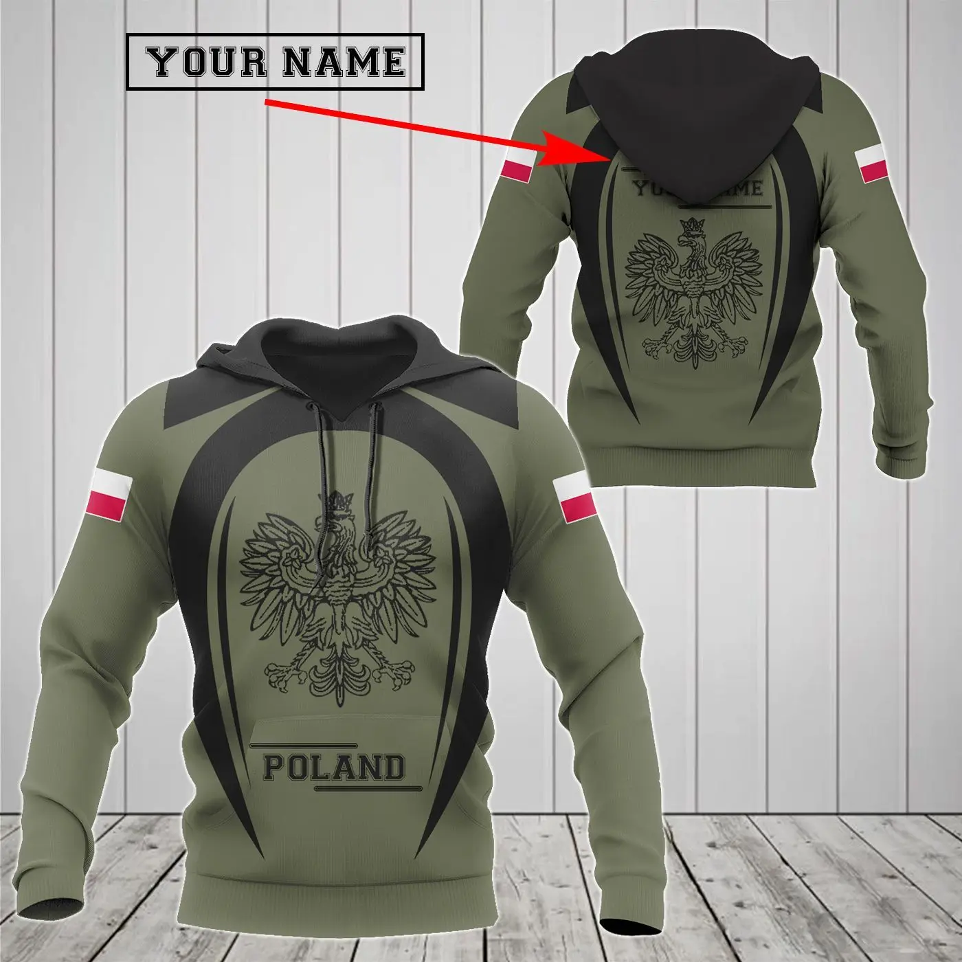 Custom Name Poland Map Graphic Olive Hoodies Unisex Loose Men and Women Sweatshirts Casual Pullover Oversized Tops Streetwear