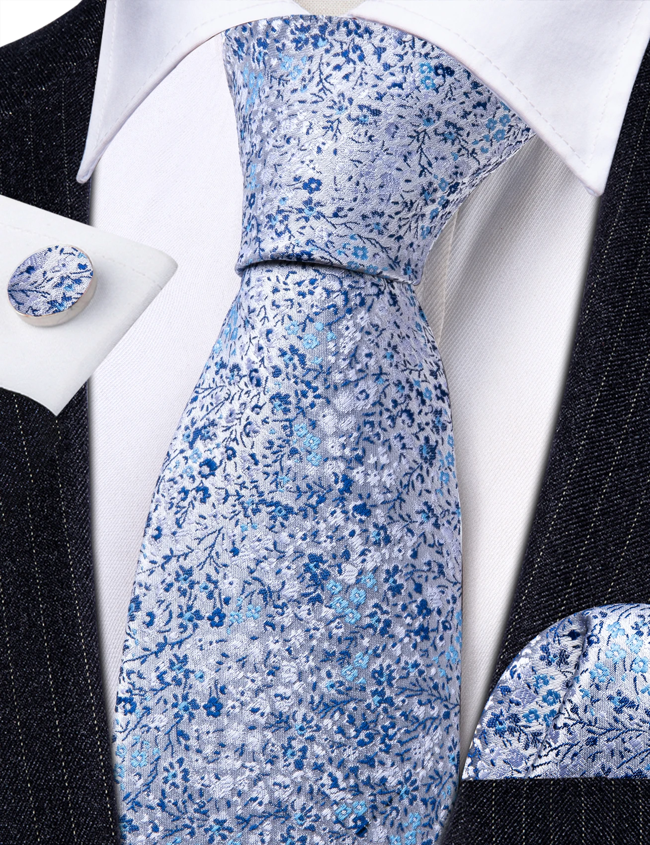 Barry.Wang Mens Tie Jacquard Necktie Pocket Square Cufflinks Set Babysbreath Flower for Male Wedding Business Stylish Casual