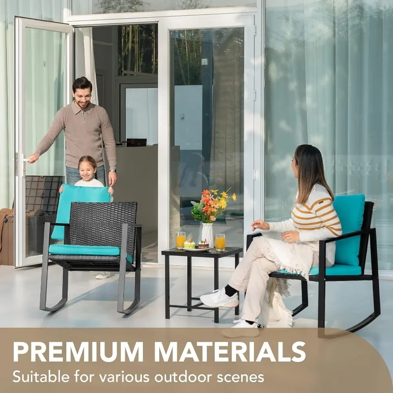 Devoko 3 Piece Rocking Bistro Set Wicker Patio Outdoor Furniture Porch Chairs Conversation Sets with Glass Coffee Table (Blue)