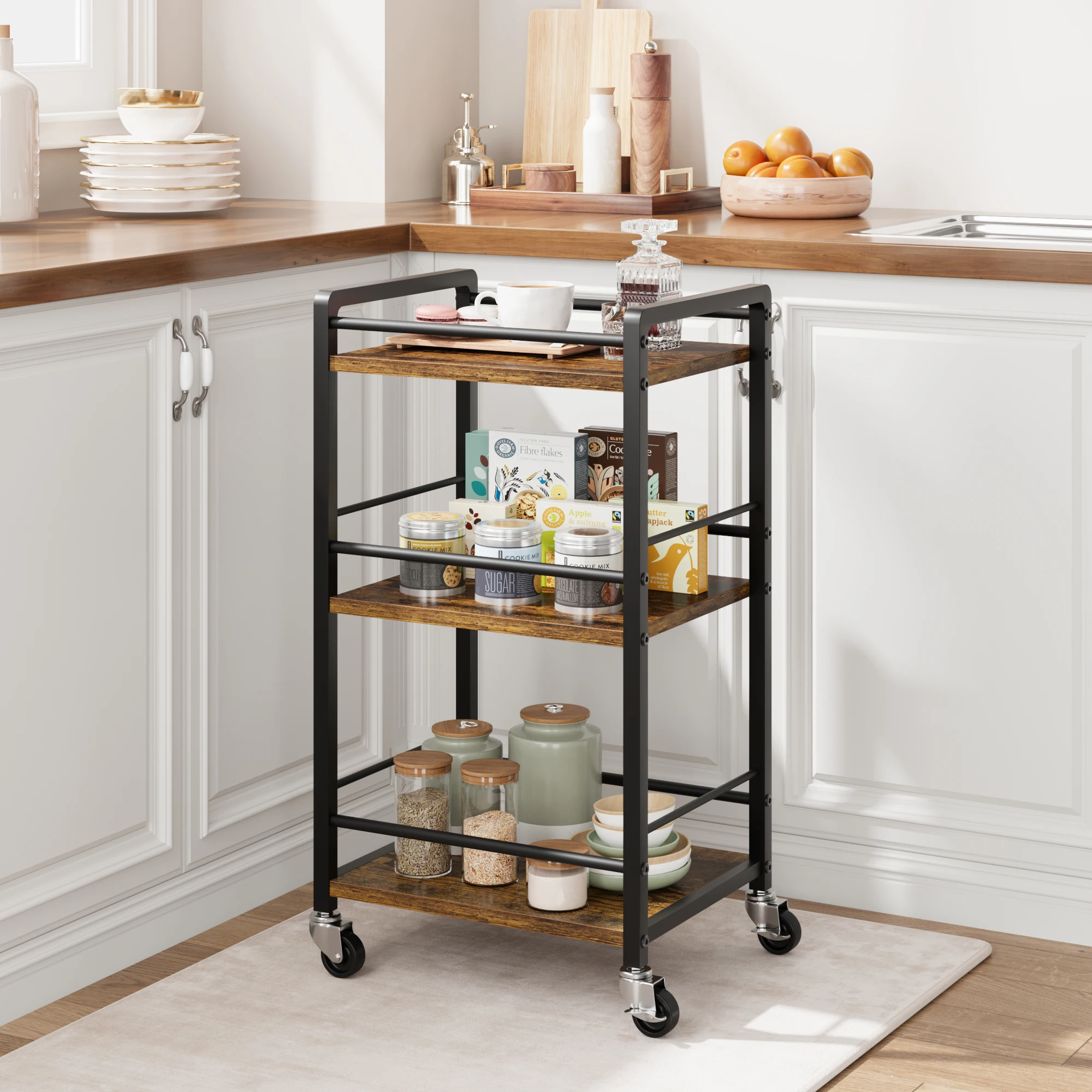 Home Service Cart Small Home Bar Cart Wheeled Cart Mobile Cart 3-Tier Rolling Practical Storage Cart for Kitchen Dinin Living Ro