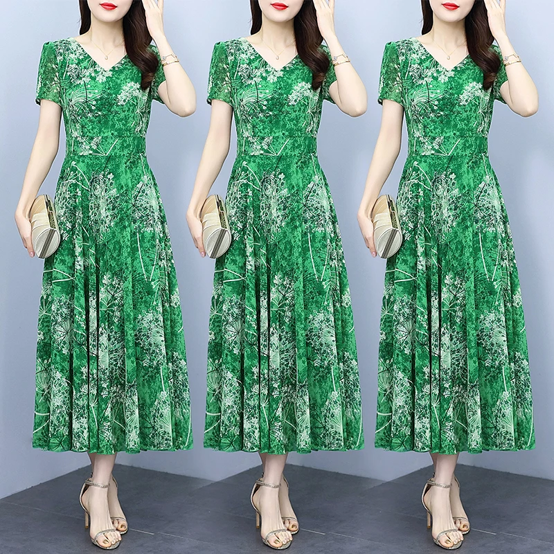 

Coigarsam Women Long Dress Summer 2024 New Office Lady Chiffon Short Sleeve Floral Print High Waist V-Neck Green Dresses