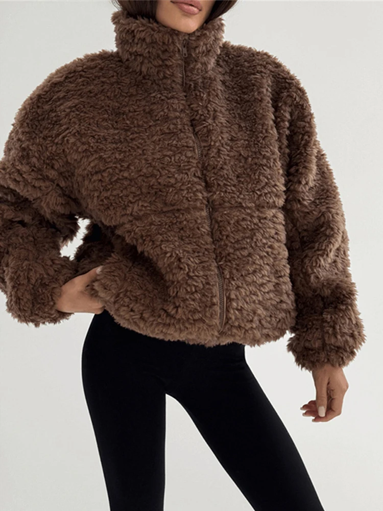 女性用秋冬シックカジュアルコート、無地スタンドネックラムフリースコート、レディースふわふわクロップドジッパー付きゆったり快適テディジャケット