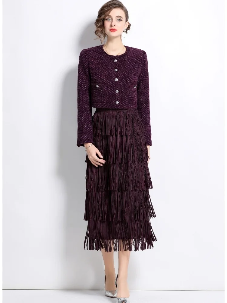 

French High-End Style Two-Piece Set For Women's New Autum Winter Purple Jacket Slimming Temperament Tassels Long Skirt Suits