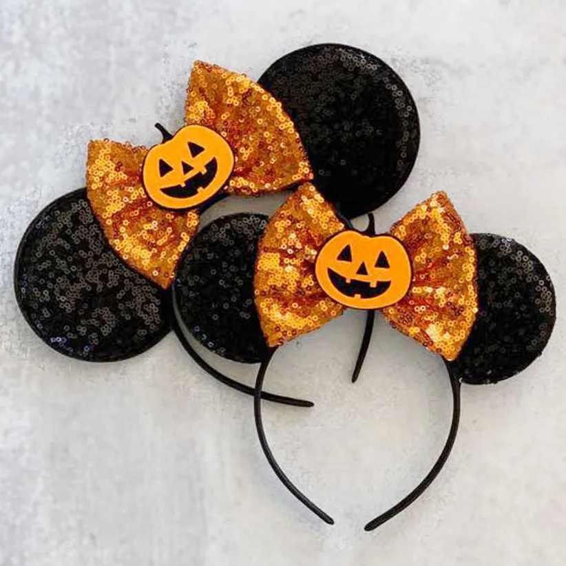 2023 New Fashion Witch Ox Horn Pumpkin Bat Headband Sequin Bow Girl Adult Kids Halloween Party Cosplay Hair Accessories Hairband