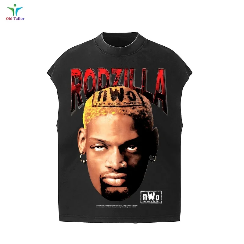 

Fashion People Digital Print Vest Summer Sports Summer Loose Fit Black Crew Neck Washed Vest