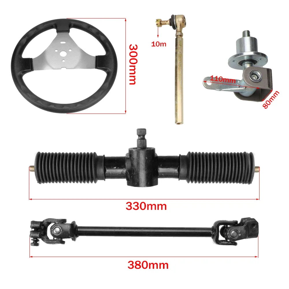 ATy 300mm Steering Wheel Assembly 330mm Gear Rack pinion 380mm U int Tie Rod Knuckle Assy for chinese 110cc Go Kart Quad Partslo